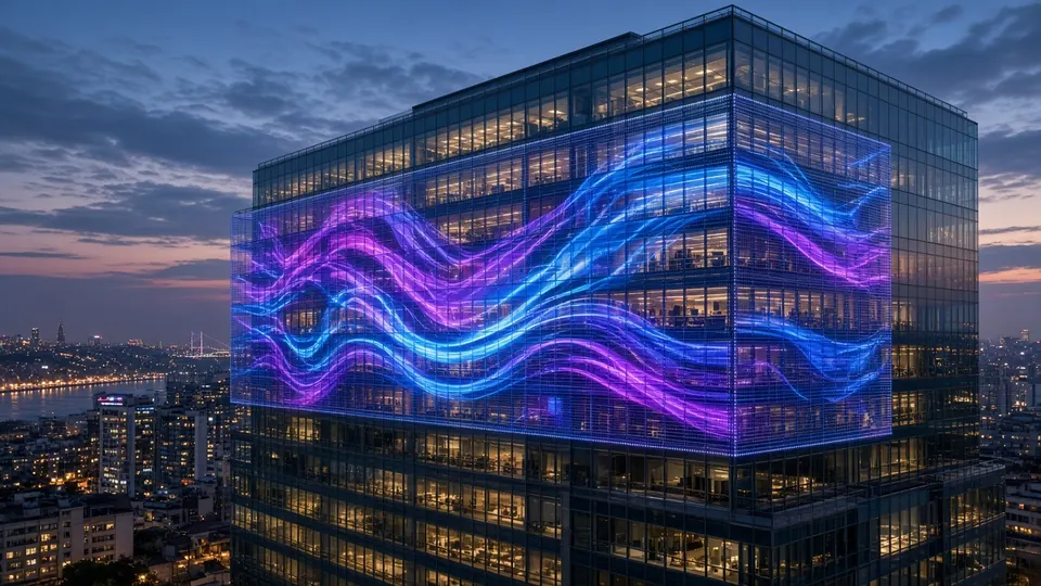 İstanbul cam bina cephesinde transparan mesh LED — mavi-mor içerik, arkadaki ofis katları görünür